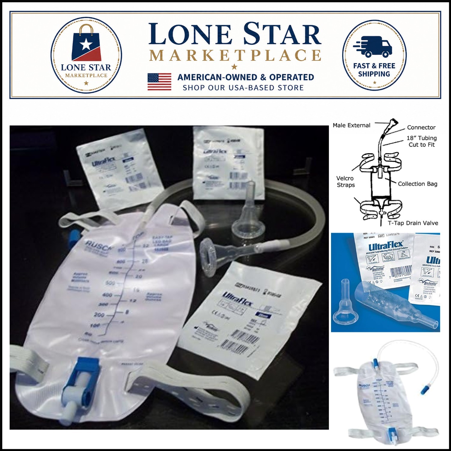 Complete 7-Condon Catheter Kit for Urinary Incontinence, 1000ml Leg Bag Included