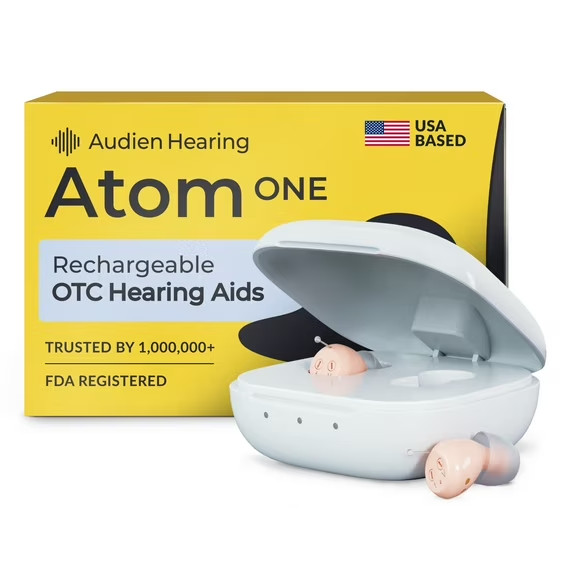Audien Hearing Atom One Rechargeable OTC Hearing Aids with Charging Dock/Case
