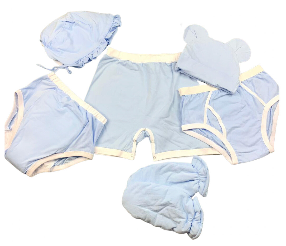 Adult snap crotch shorts baby blue w/white trim pockets