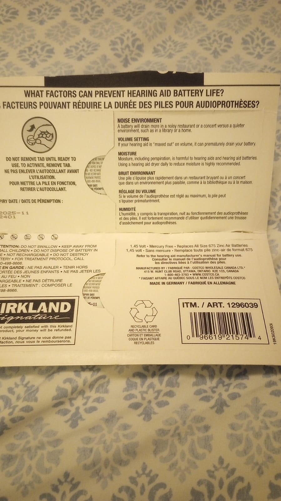 Kirkland Signature Size 675 Zinc Air 1.45V Hearing Aid Batteries (40 Batteries)