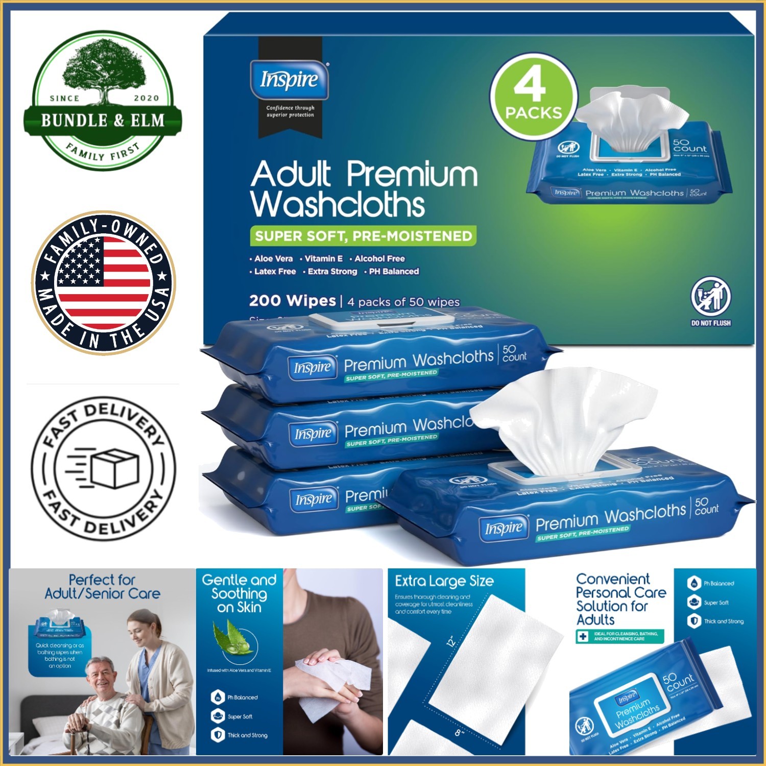 Adult Wet Wipes for Incontinence Care, Hypoallergenic Cleansing Cloths 200 Count