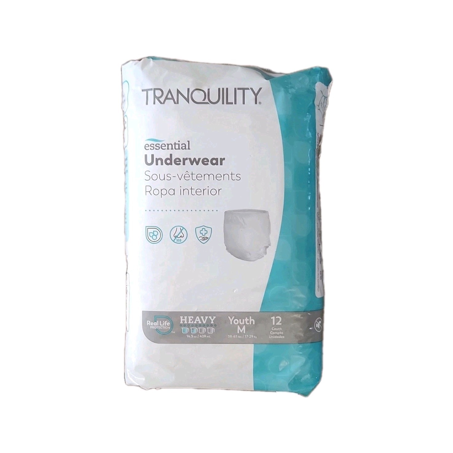 Tranquility Essential Underwear Heavy Disposable Youth M White 12 Count