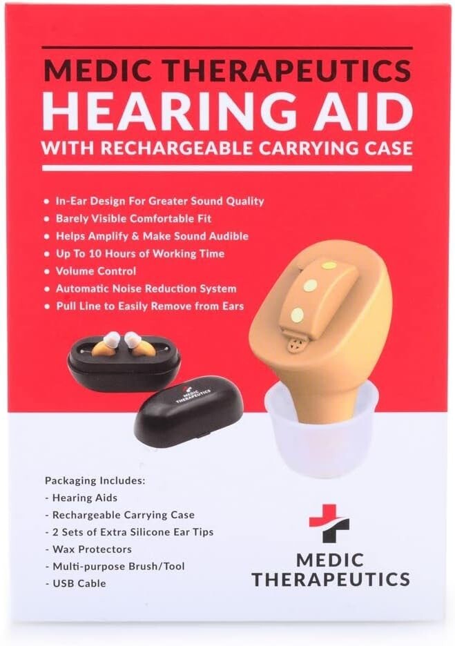 Hearing Aid w/Rechargeable Carrying Case Extra Ear Tips Beige