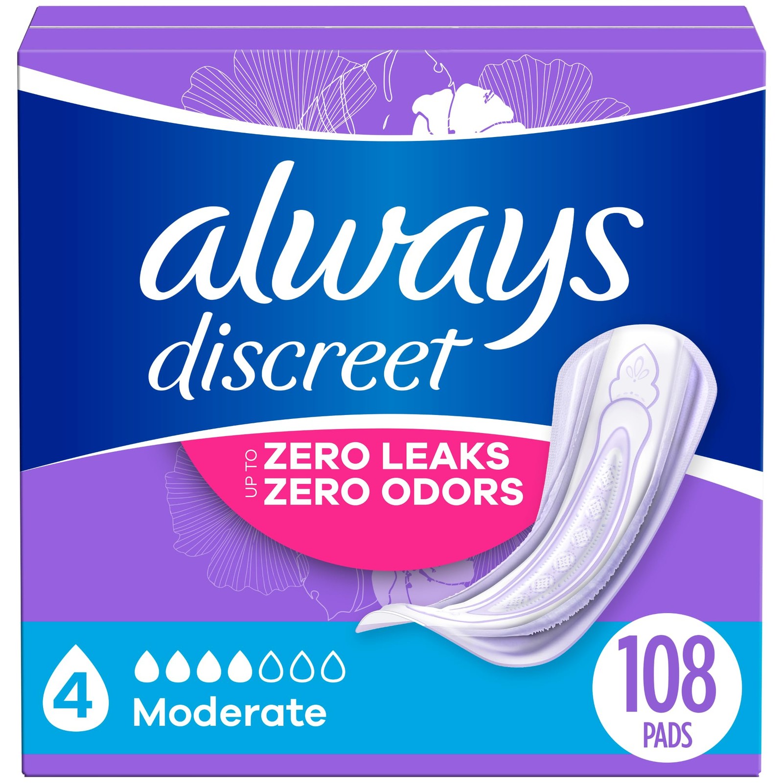 Always Discreet Incontinence Pads Moderate Absorbency 108 Count