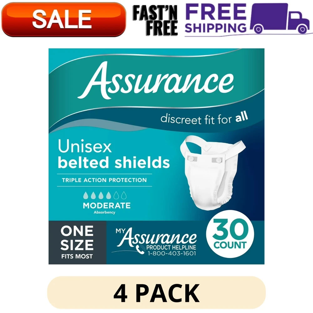 (4 Pack) Assurance Unisex Incontinence Belted Shield Moderate Absorbency 30 Ct