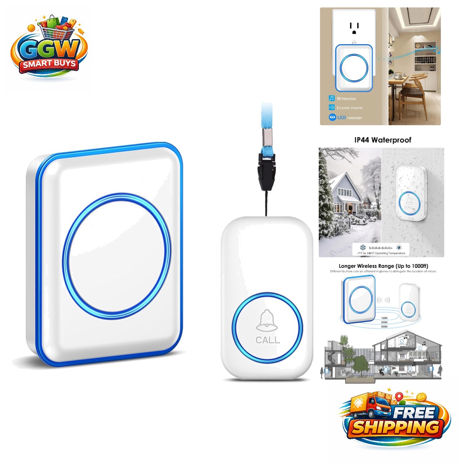 Waterproof Caregiver Wireless Call Button, 5-Level Volume for Safety Alerts