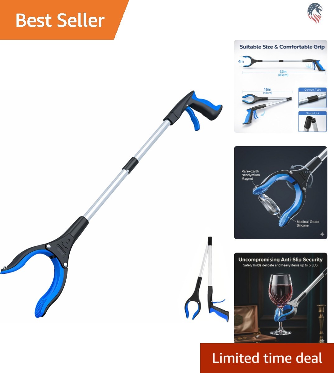 32in Heavy Duty Aluminum Foldable Reacher Grabber Tool for Seniors and Outdoo…