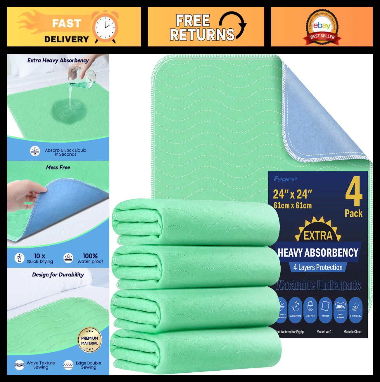 4 Pack 24″x24″ Waterproof Washable Underpads, Heavy Absorbent Incontinence Bed P