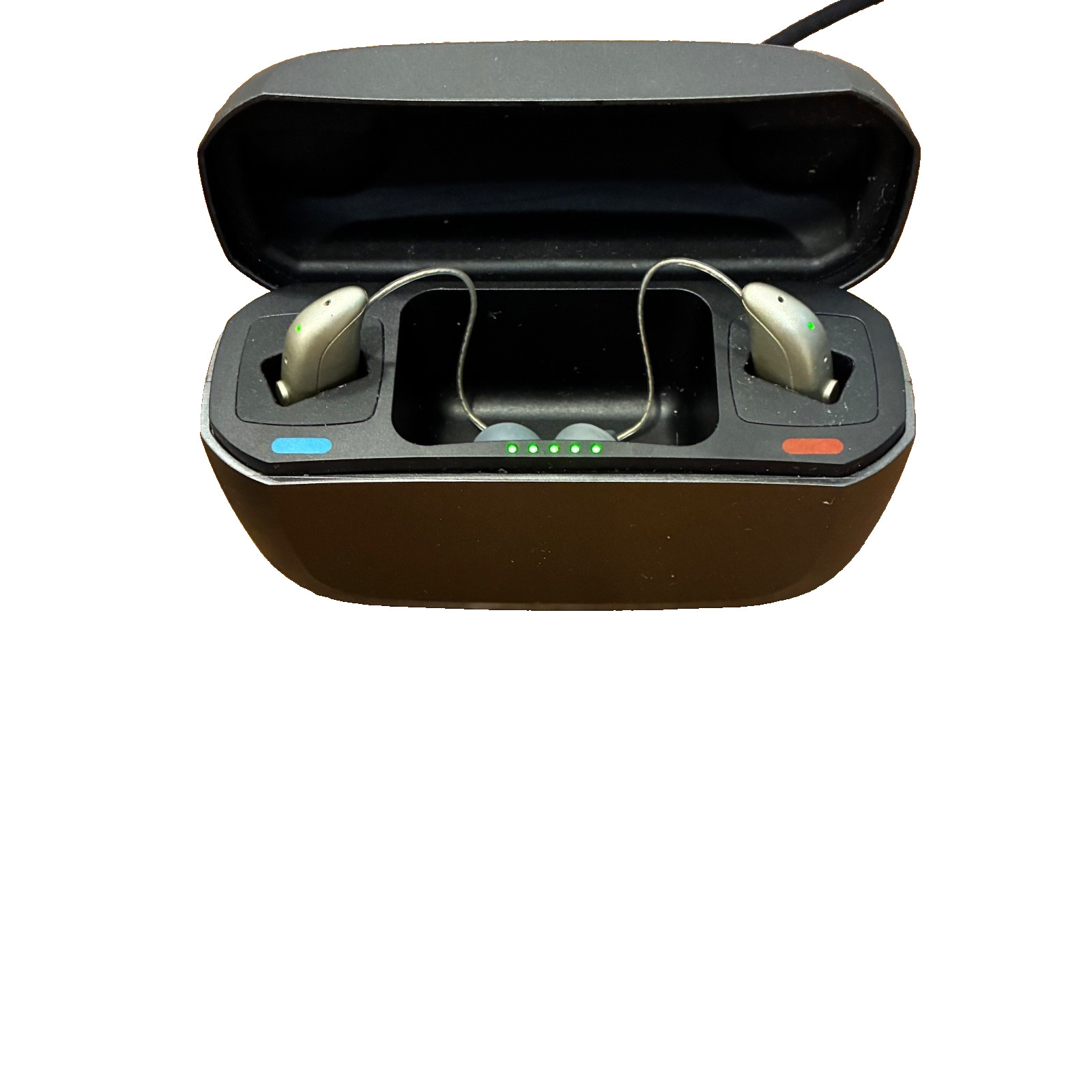 Left and Right Resound GN Hearing Aids and charging station w/cord.
