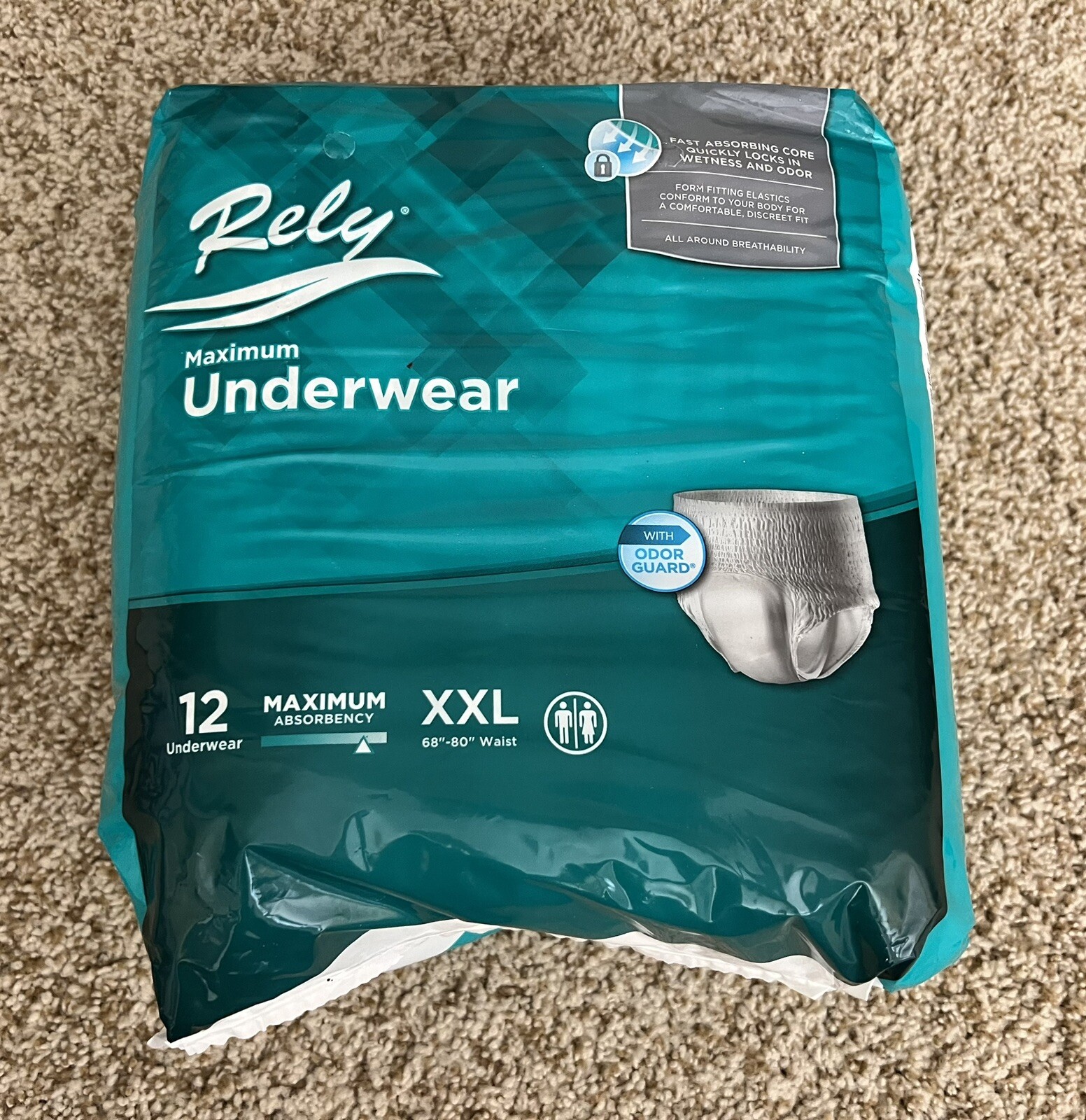 RELY Unisex Maximum Underwear XXL 68”-80” waist 12 Count