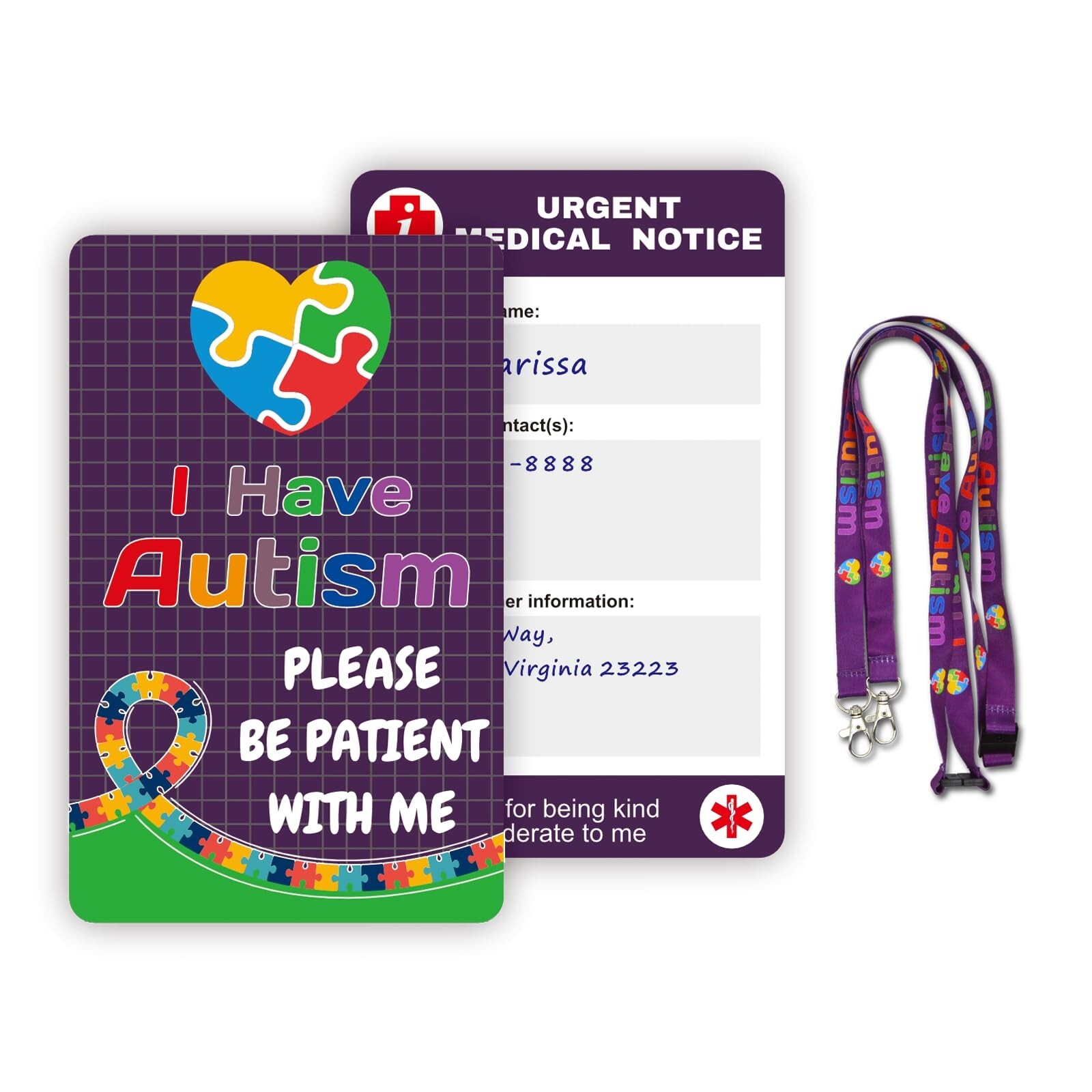 Autism Medical Alert Card with Writable Panel & Patterned Lanyard 2PCS