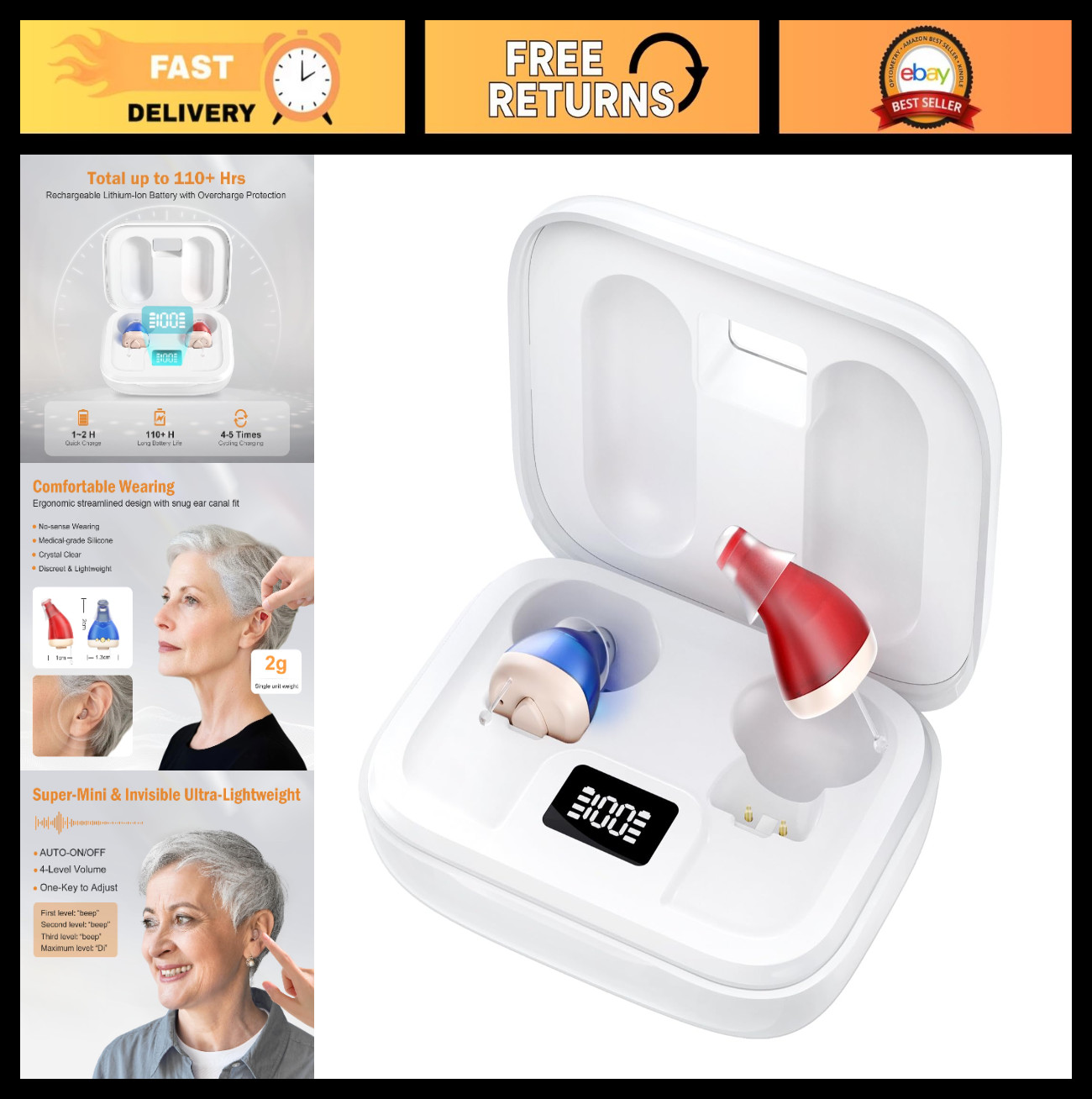 Rechargeable Hearing Aids for Seniors – 16-Channel Noise Cancellation, Invisible