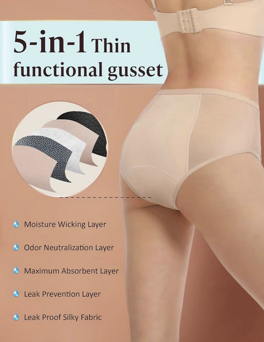 Womens Washable Incontinence Underwear Leak Proof Brief Beige 2XL 3 Pack