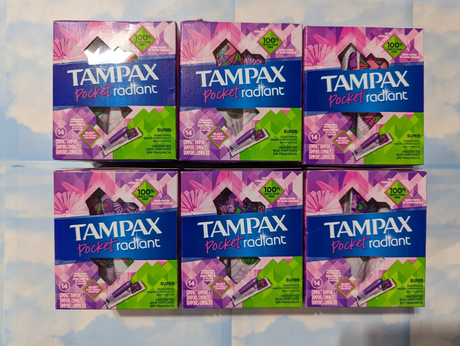 LOT (6) TAMPAX POCKET RADIANT TAMPONS SUPER ABSORBENCY UNSCENTED 14 CNT EACH