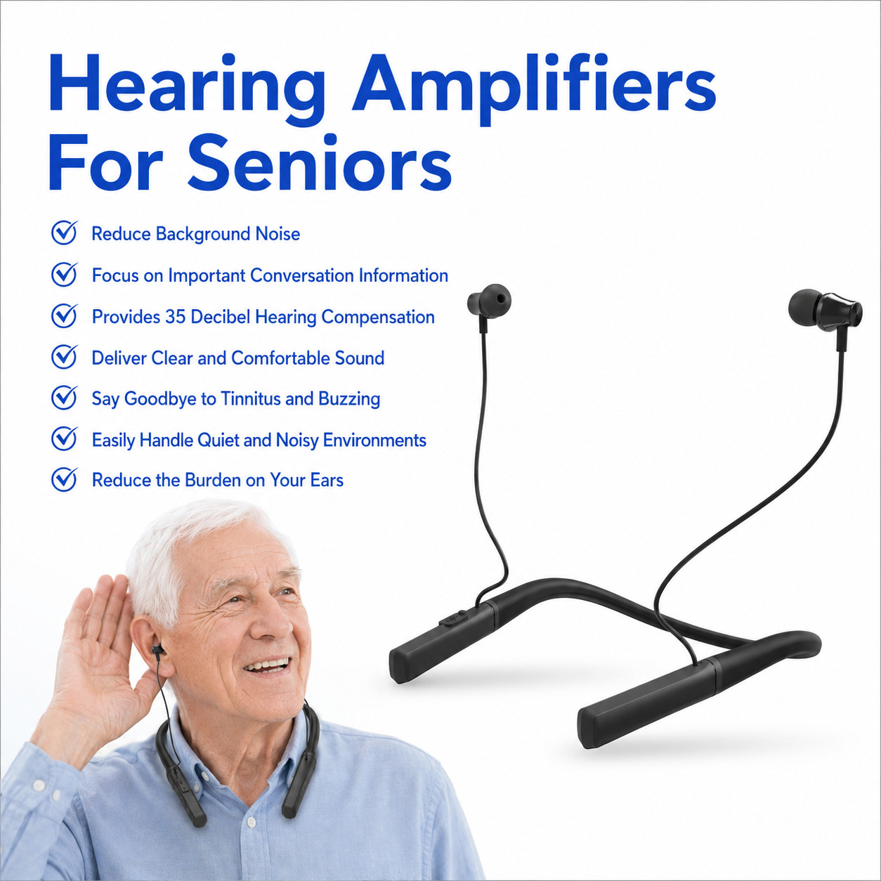 Rechargeable Hearing Aids Neckband Earphones Sound Amplifier Earbubs Lightweight