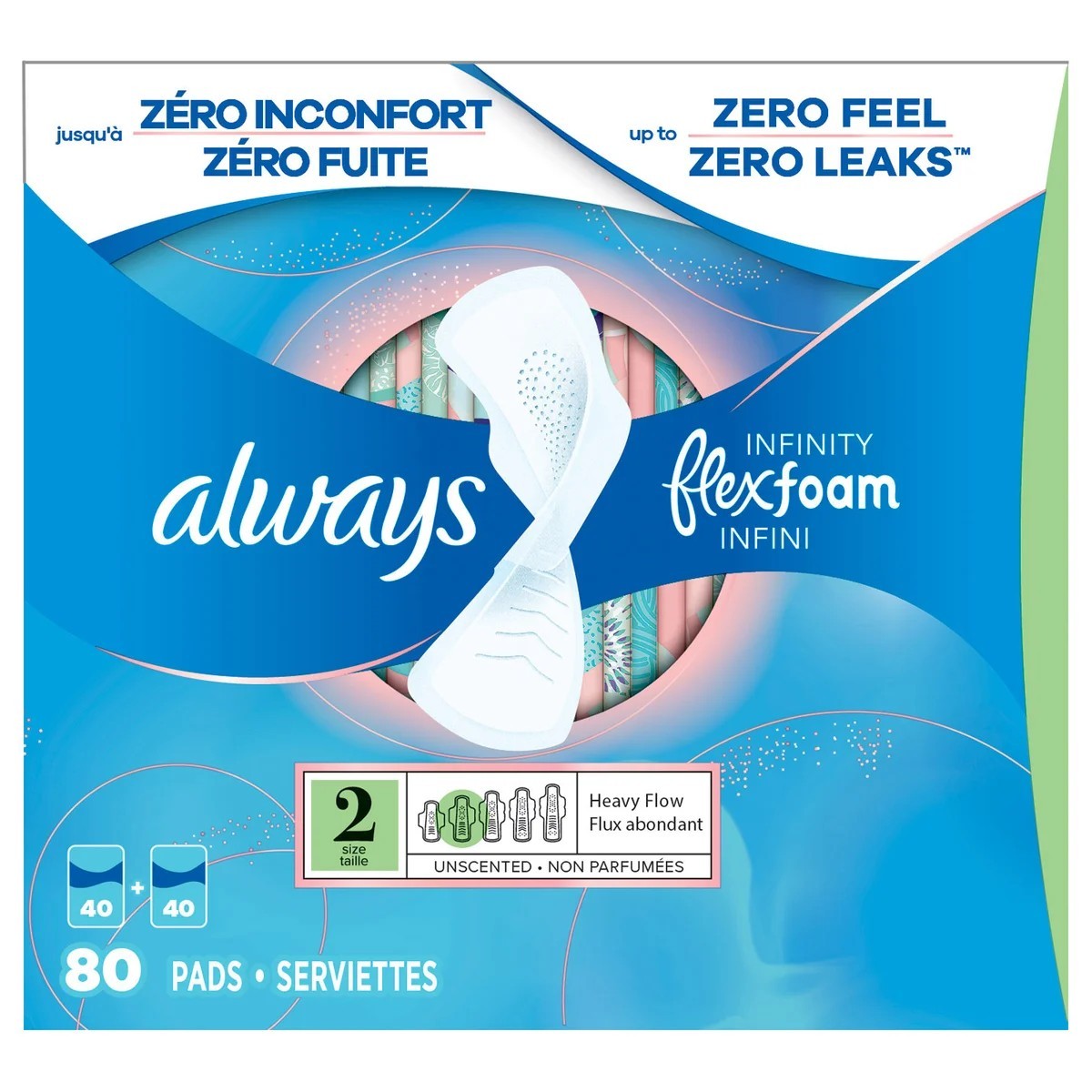 Always Infinity FlexFoam Pads, Size 2, Heavy Flow With Flexi Wings, 80 Count