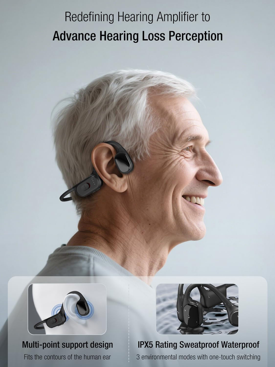 BD-F2H Bone Conduction Hearing Amplifier for Seniors, 5-Level Memory Volume, IPX