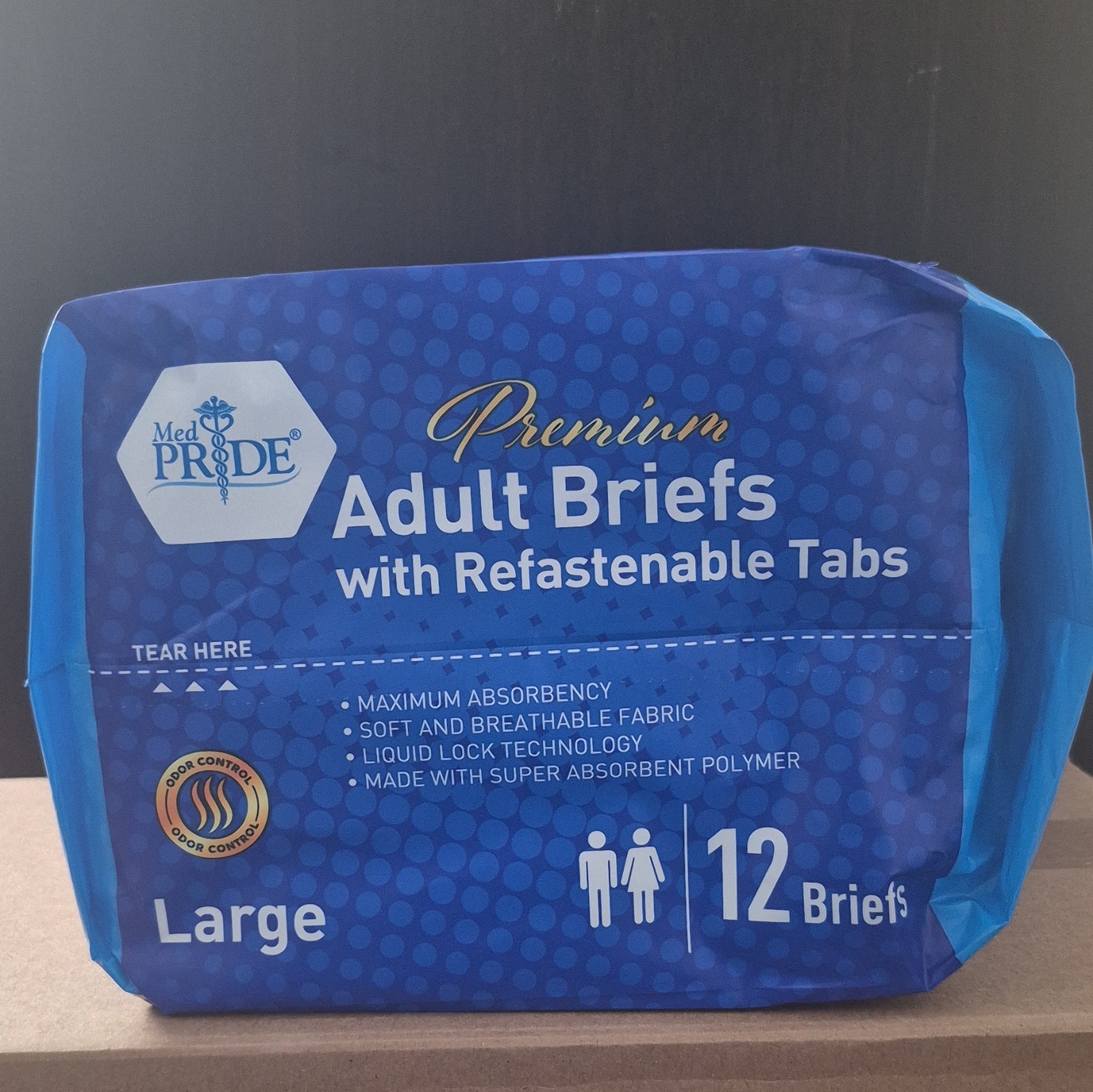 Med PRIDE Adult Briefs Large Max Absorbency Refastenable Tabs White/Blue 12