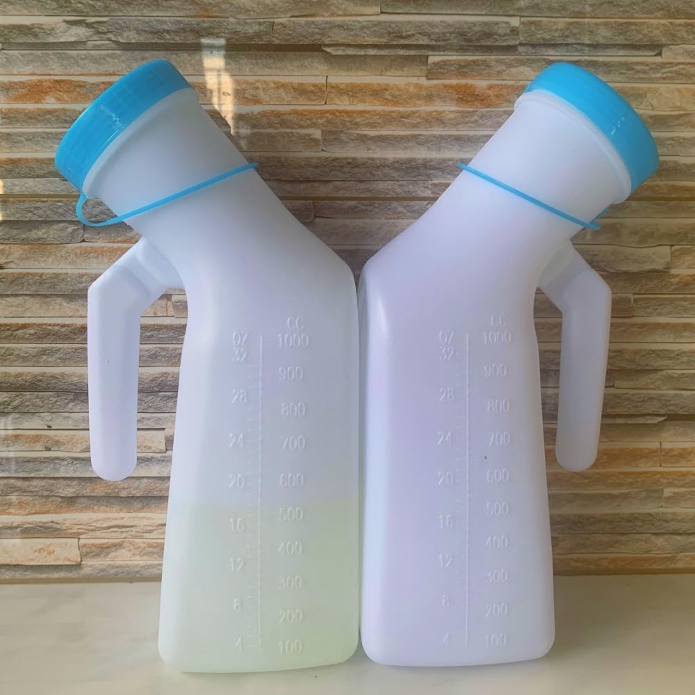 Thick Firm Male Urinal,Urine Bottle with Lid 32oz./1000mL Pack of 2 (Blue Scr…