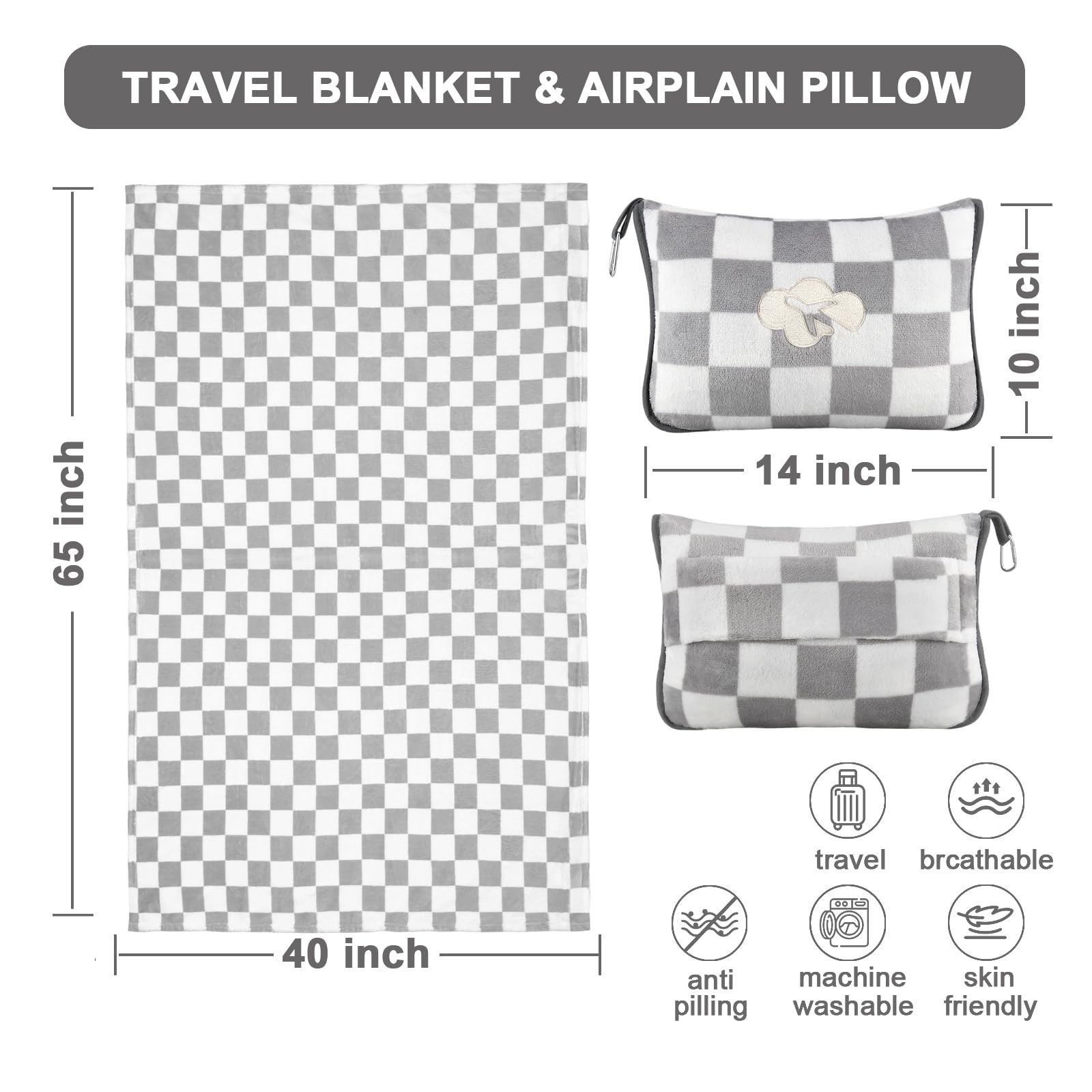 Travel Blanket and Pillow Compact, Premium Smaller than Twin, Checkered Grey