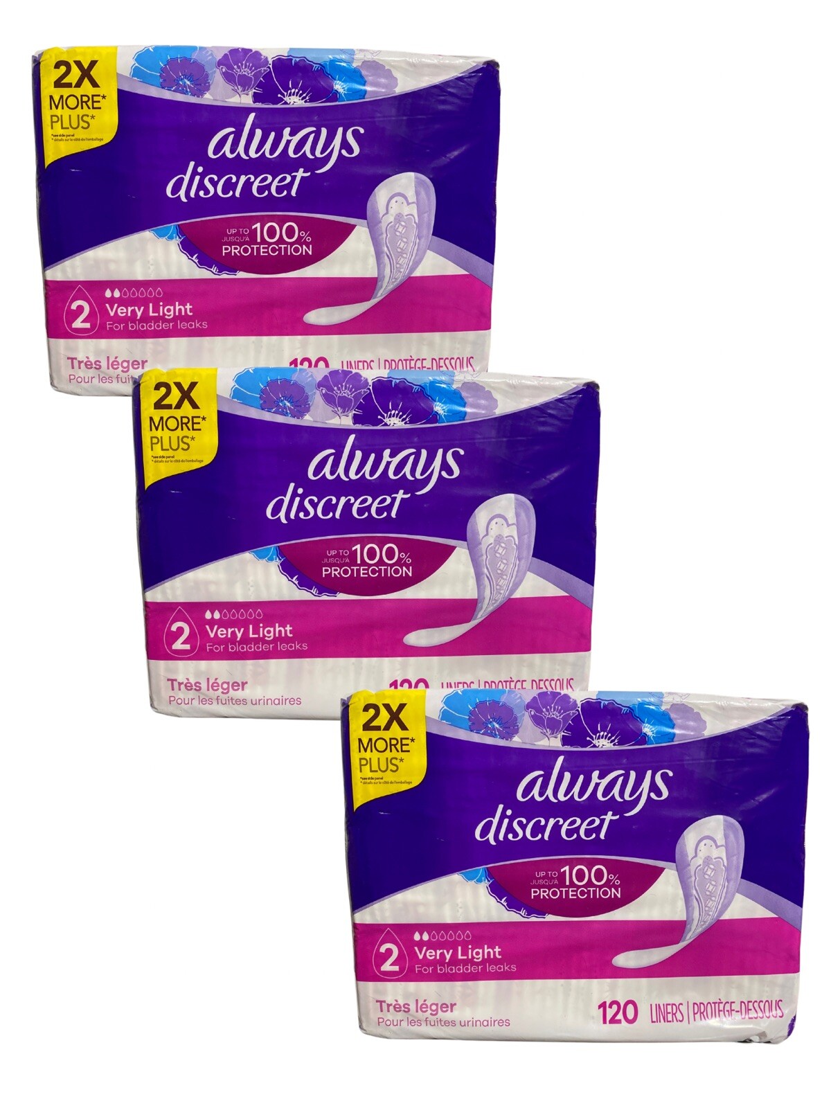 3 Pack Always Discreet Incontinence Liners Very Light Absorbency Regular 120 Ct