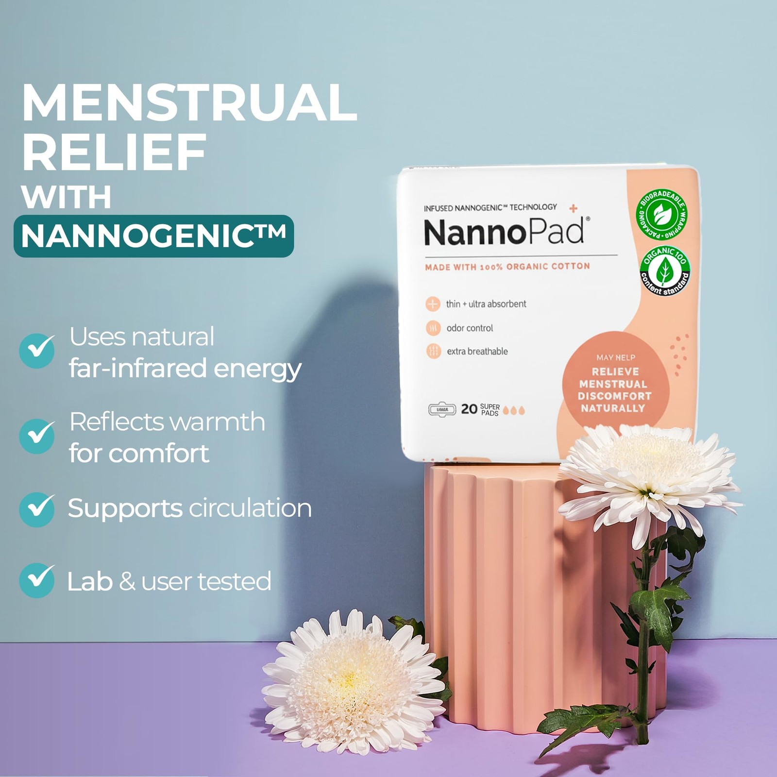 NannoPad Organic Pads for Women – 100% Cotton 1 Pack (20 Pads)