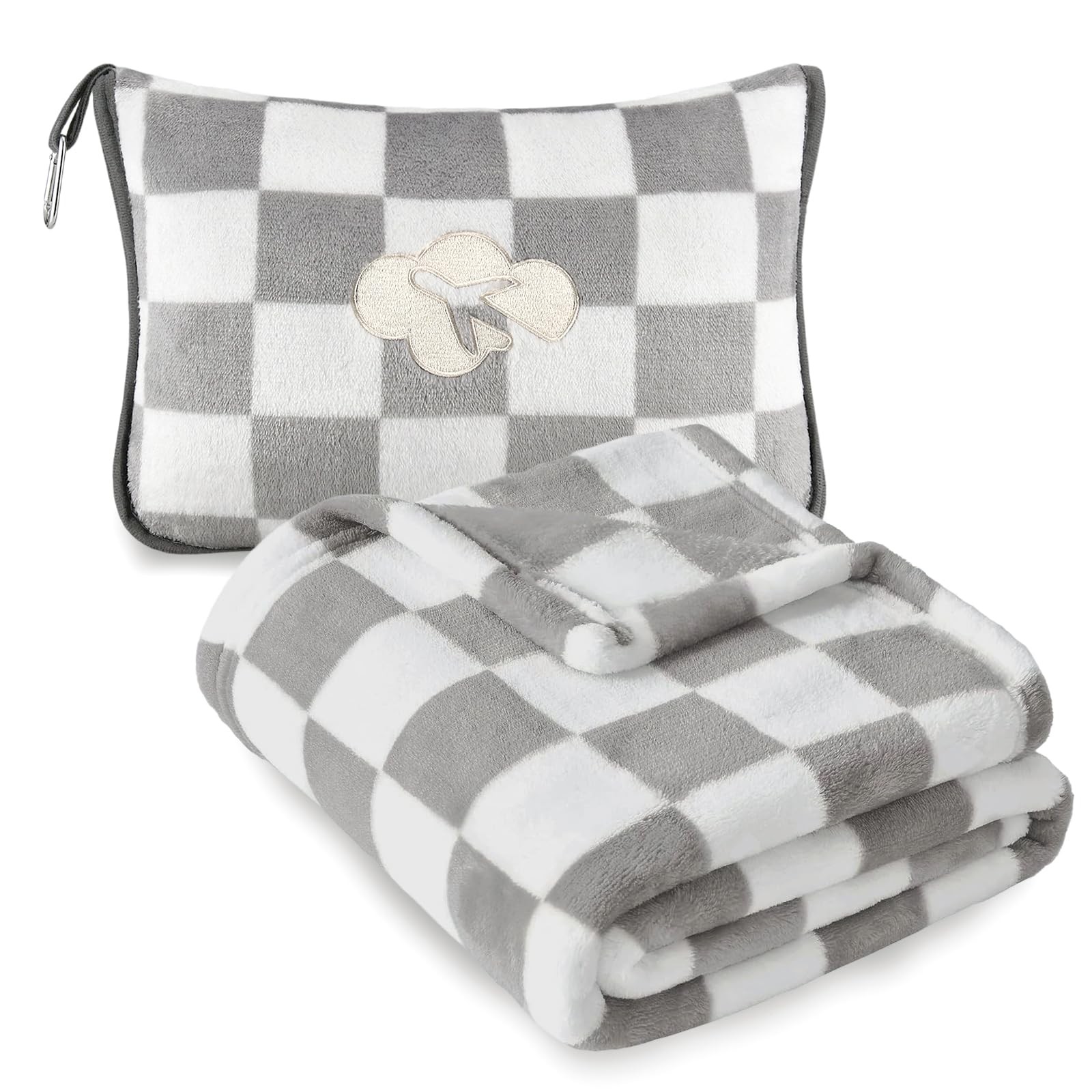 Travel Blanket and Pillow Compact, Premium Smaller than Twin, Checkered Grey