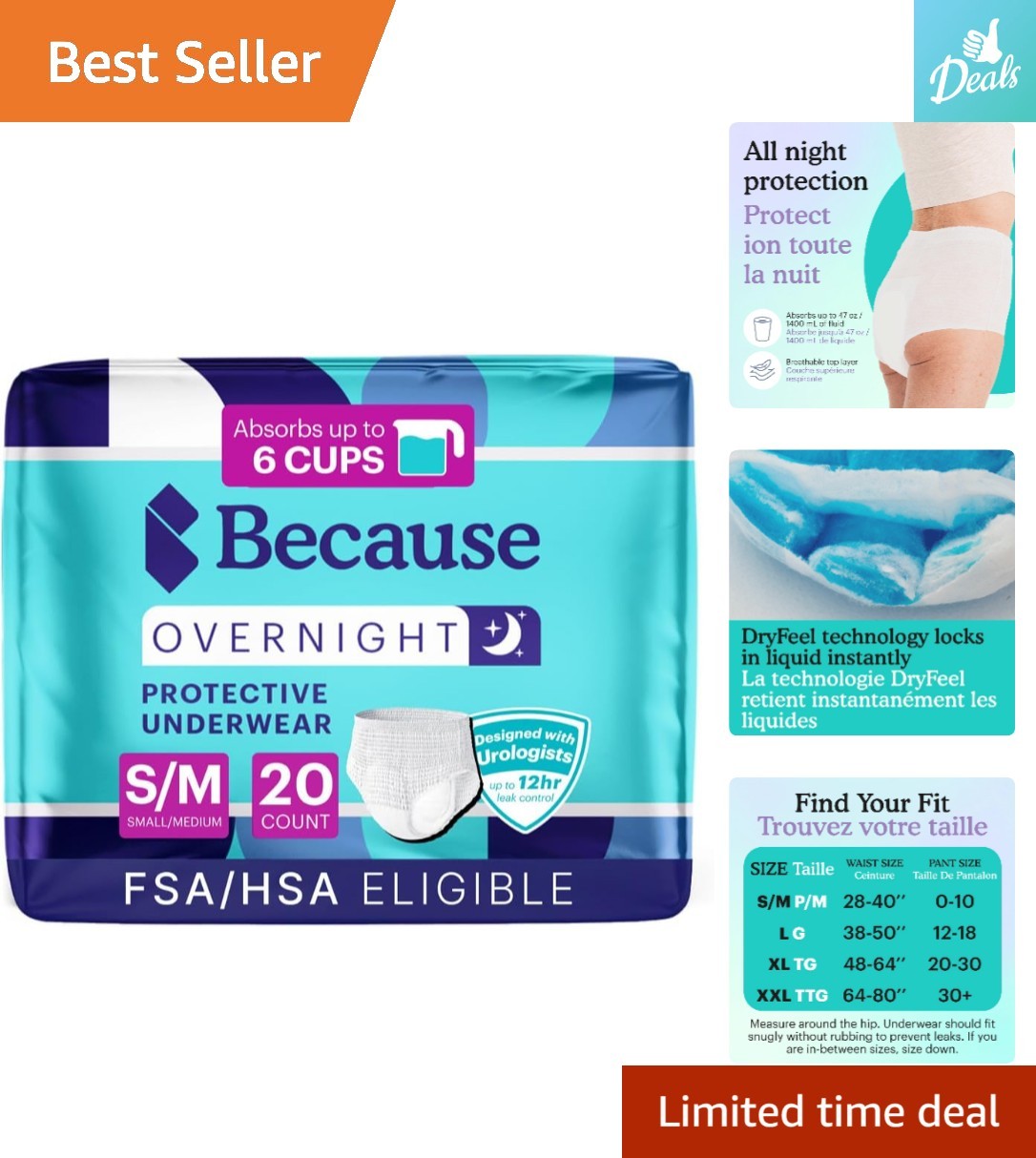 Comfortable and Secure Overnight Incontinence Briefs, Small/Medium, 20 Pieces