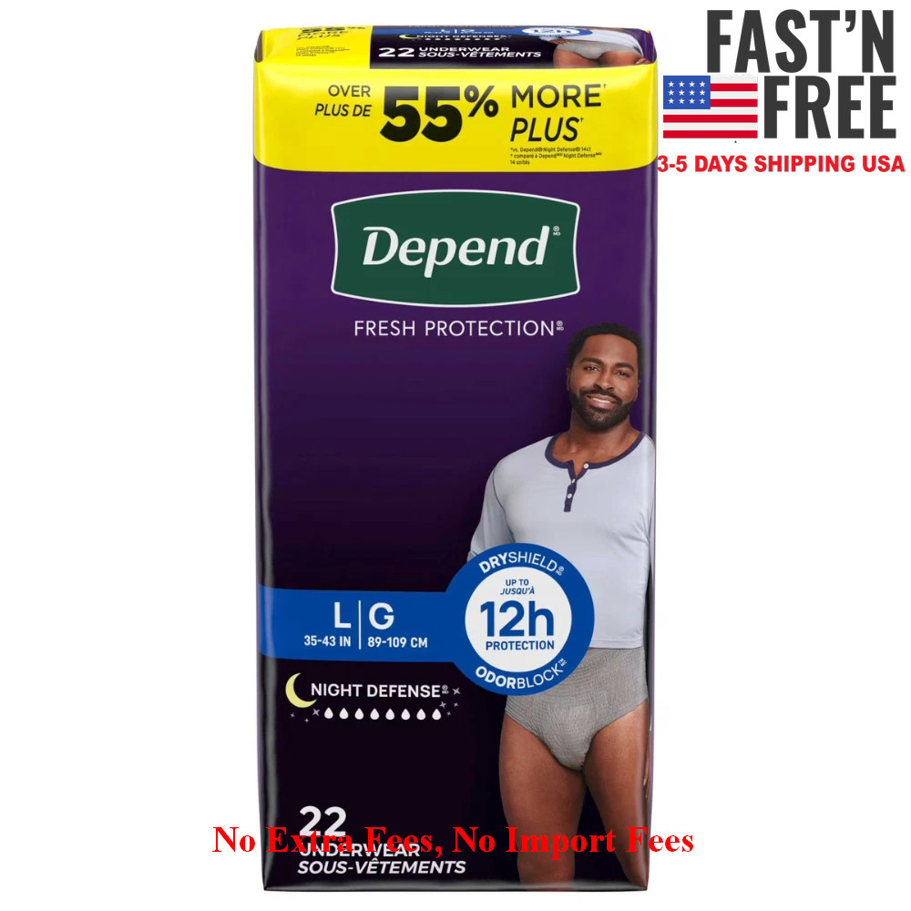 2Pack Depend Night Defense Men’s Incontinence Underwear, L, 22 Ct, Adult Diapers