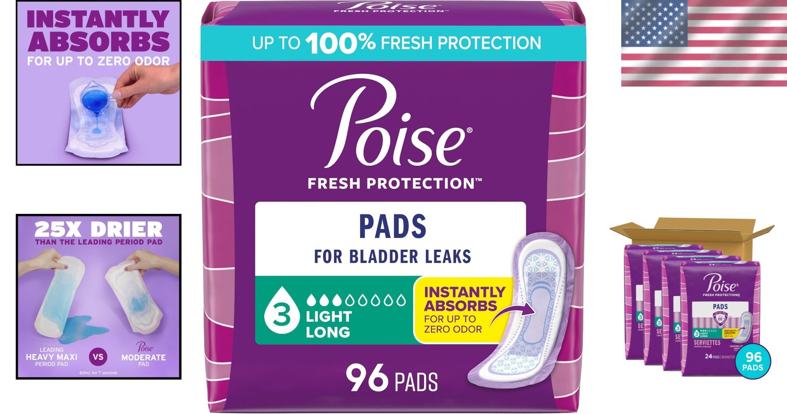 Poise Disposable Incontinence & Postpartum Pads, Leak Protection, 96 Count