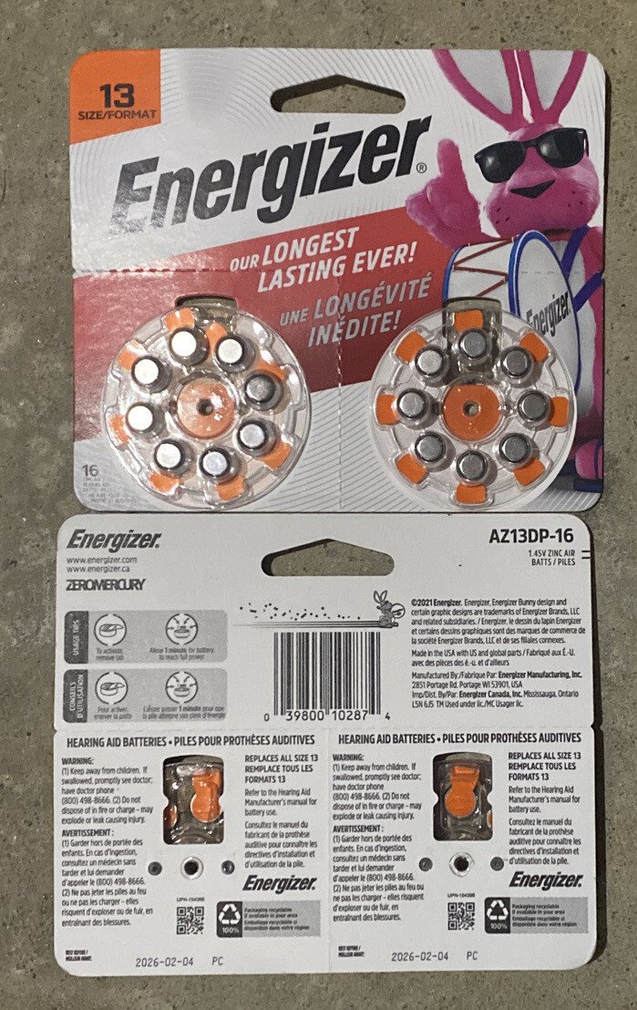 Energizer Batteries AZ13DP EZ Turn and Lock Size 13, 16 Count NEW LOT OF 2
