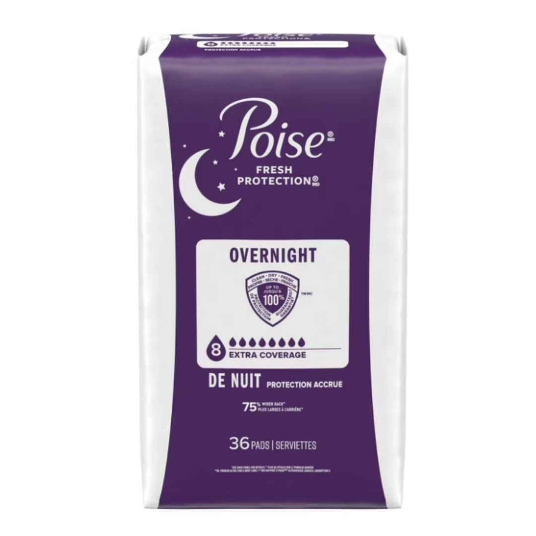 Poise Overnight Incontinence & Postpartum Pads for Bladder Leaks, 8 Drop Extra C