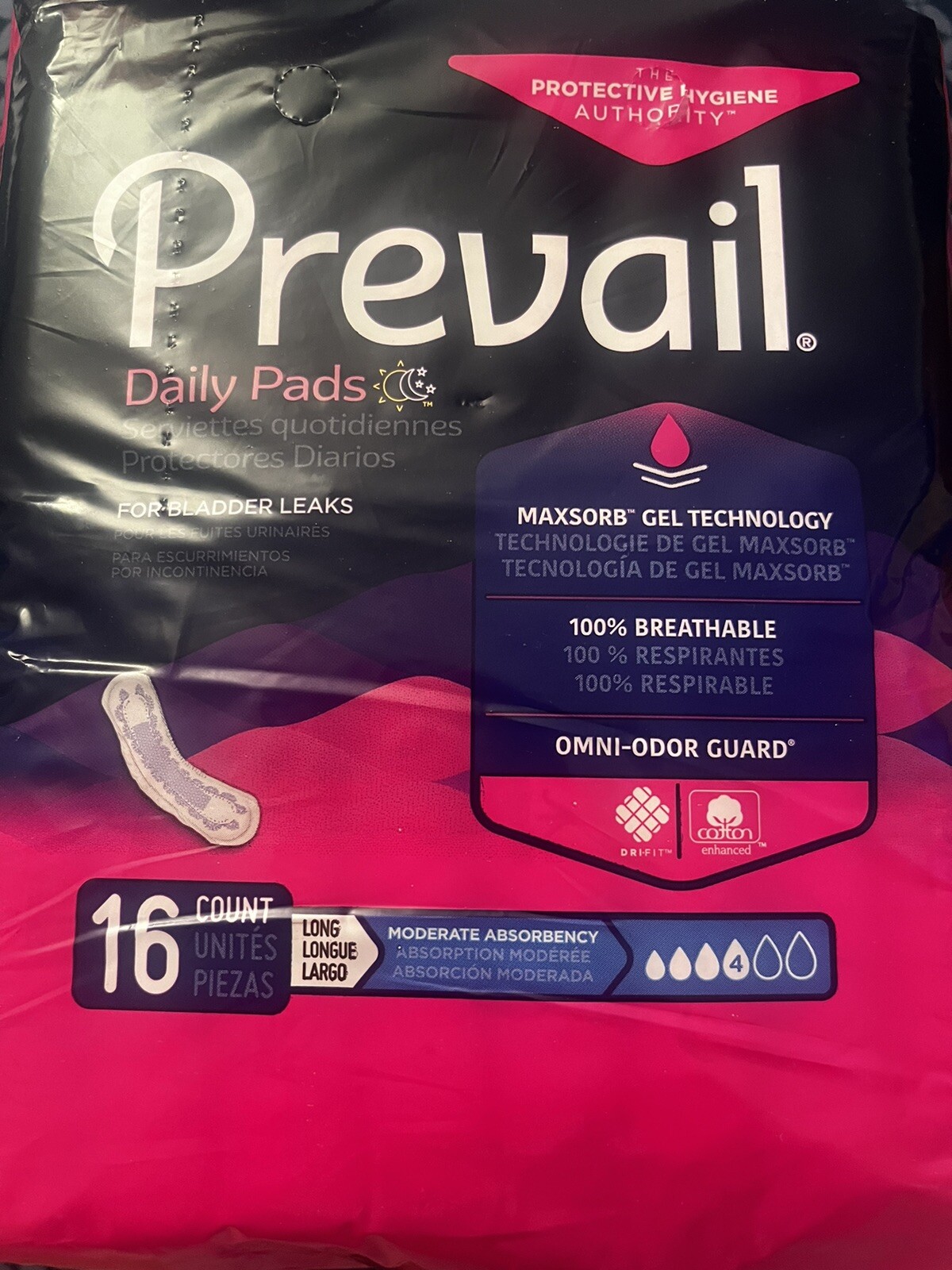 Prevail Daily Incontinent Pad Long Moderate Absorb #4 Pads
