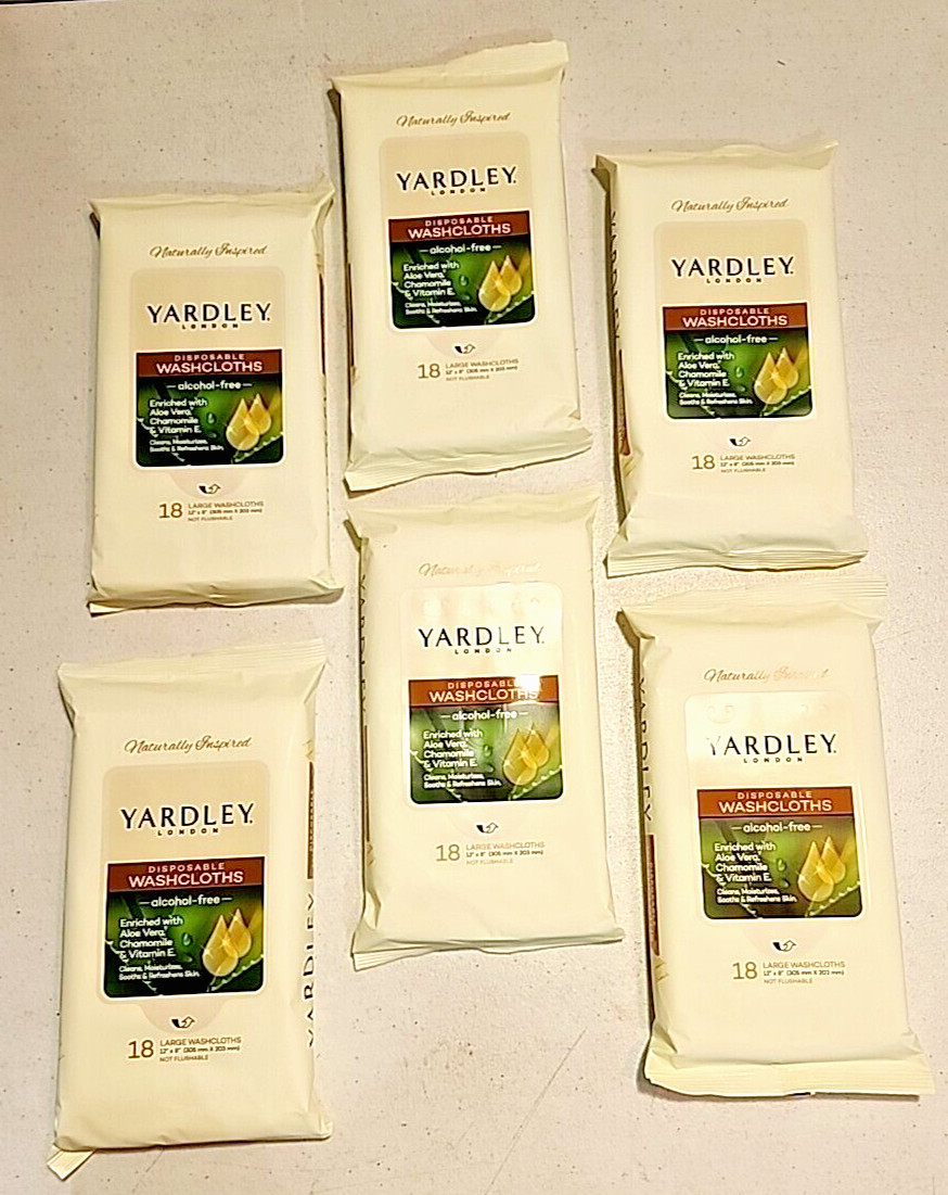 6x Lot of Yardley London Body Wipes 18 ct. Disposable Wash Cloths 12×8″ 108 CT