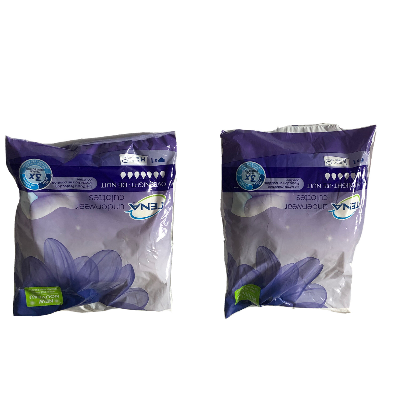 Tena Overnight Underwear Large 45”-58” Lot of 2 Pkgs W/ 1 in each for Travel