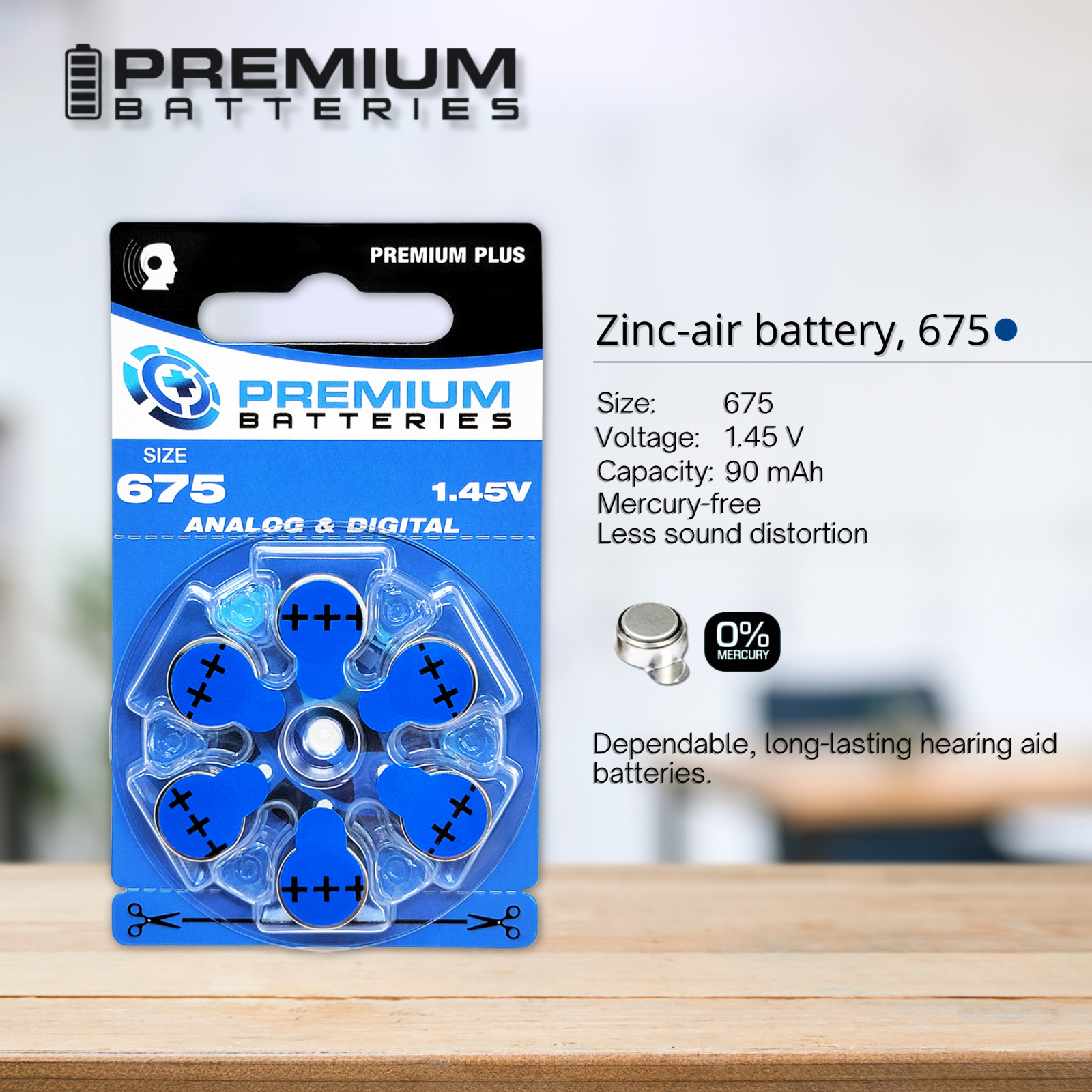 Premium Batteries Size 675 ZA675 1.45V Hearing Aid Batteries Blue Tab (18 Pack)