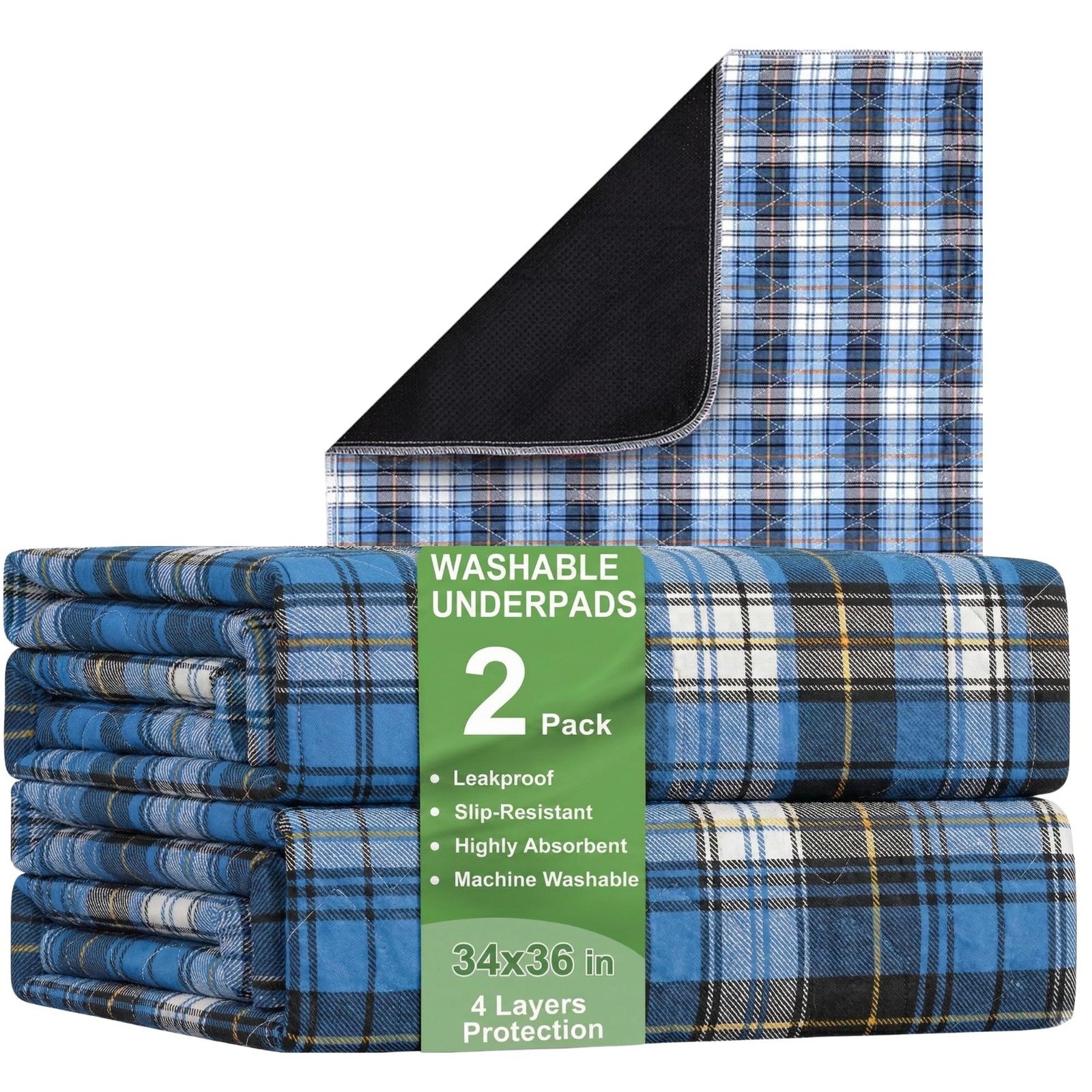 Bed Pads Washable Waterproof, Incontinence 2 Pack – 36″X34″, Blue Plaid