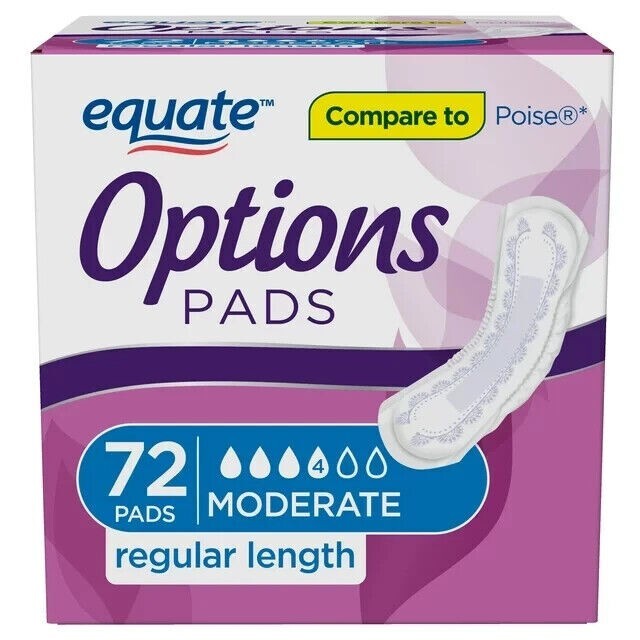 Equate Options Women’s Moderate-Regular Incontinence Pads, 72 count
