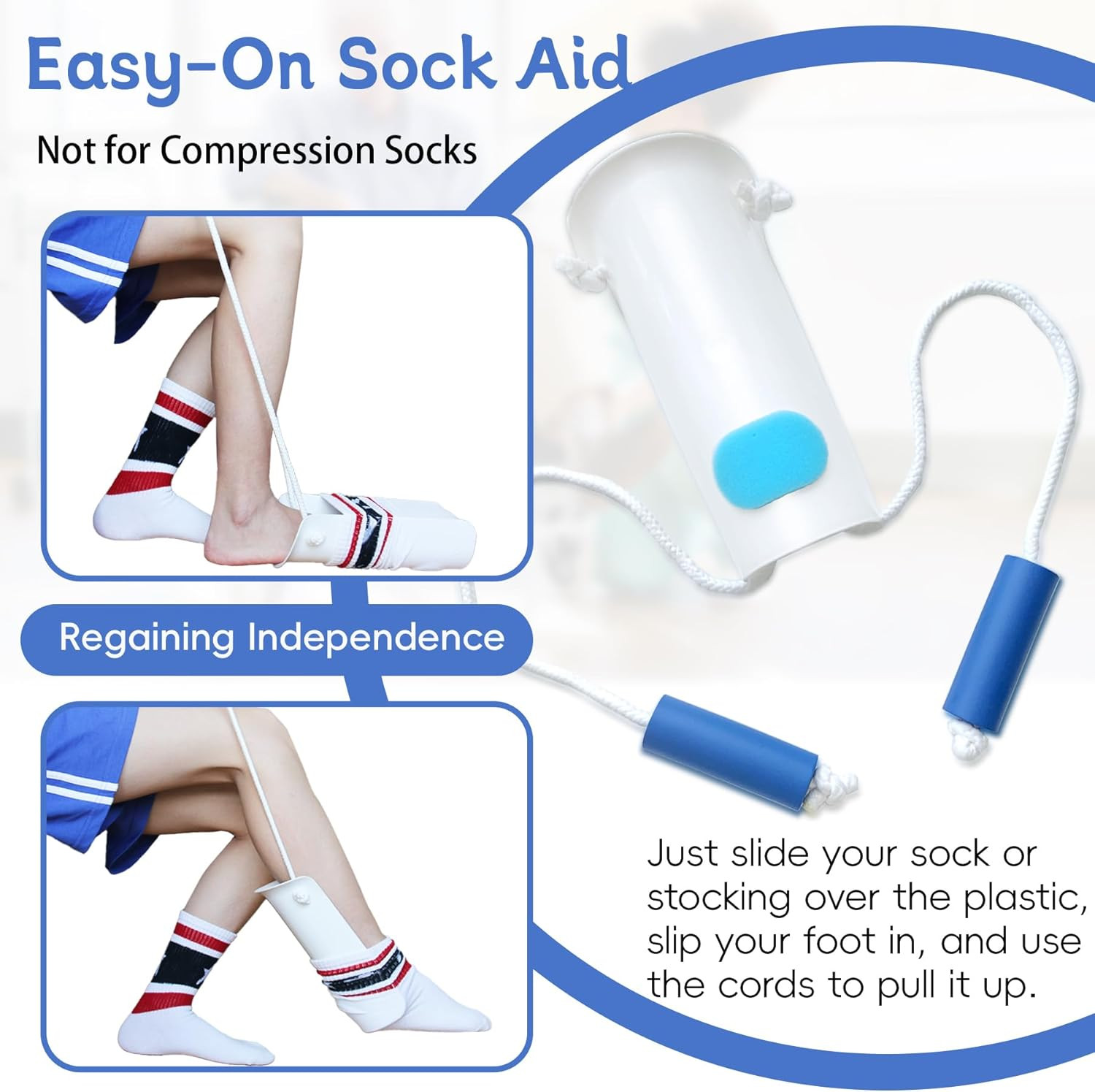 Sock Aid Device with Foam Handles for Easy Sock Application (White)