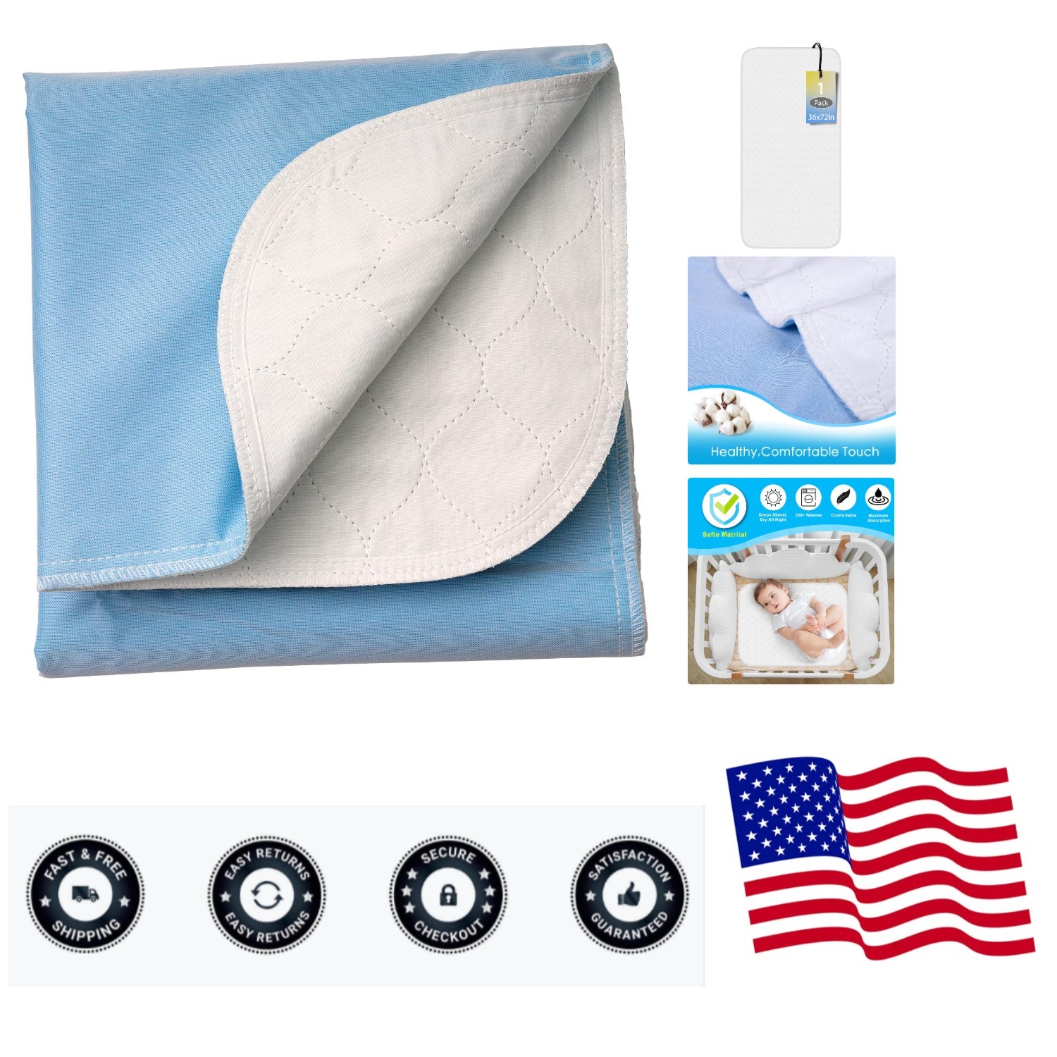 Washable Incontinence Bed Pads 72″ x 36″ for Adults, Kids, Dogs Waterproof an…