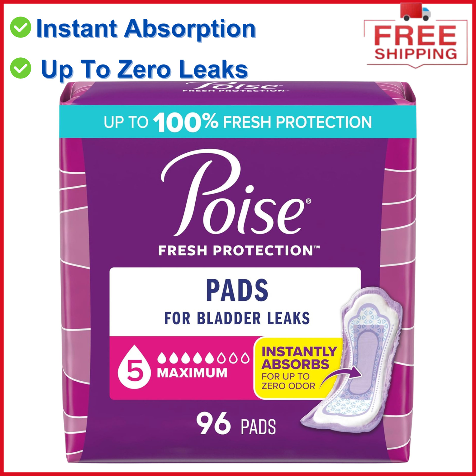 Poise Incontinence& Postpartum Pads for Bladder Leaks, 5 Drop Maximum Absorbency