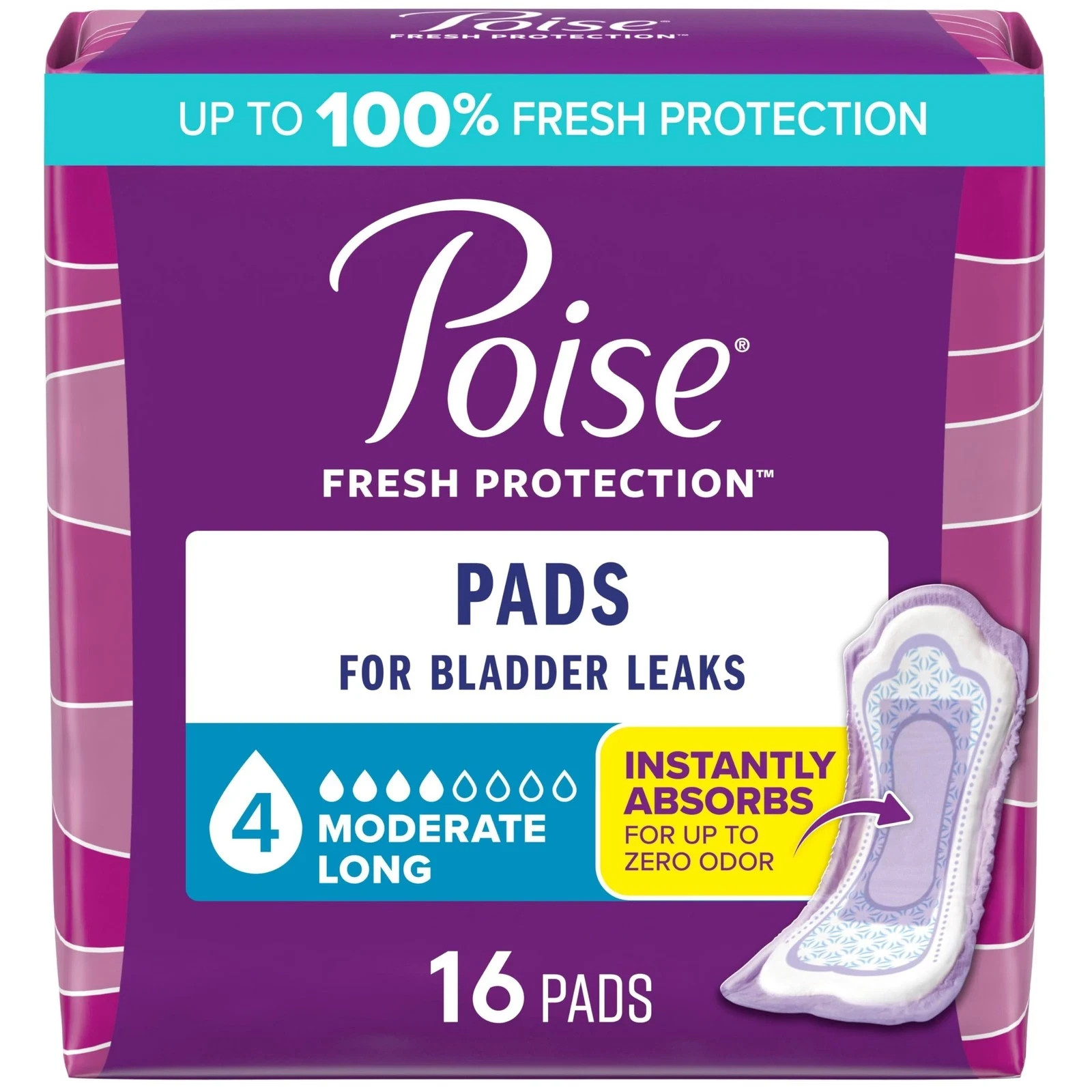 16 Count Poise Incontinence & Postpartum Pads for Bladder Leaks, 4 Drop Moderate