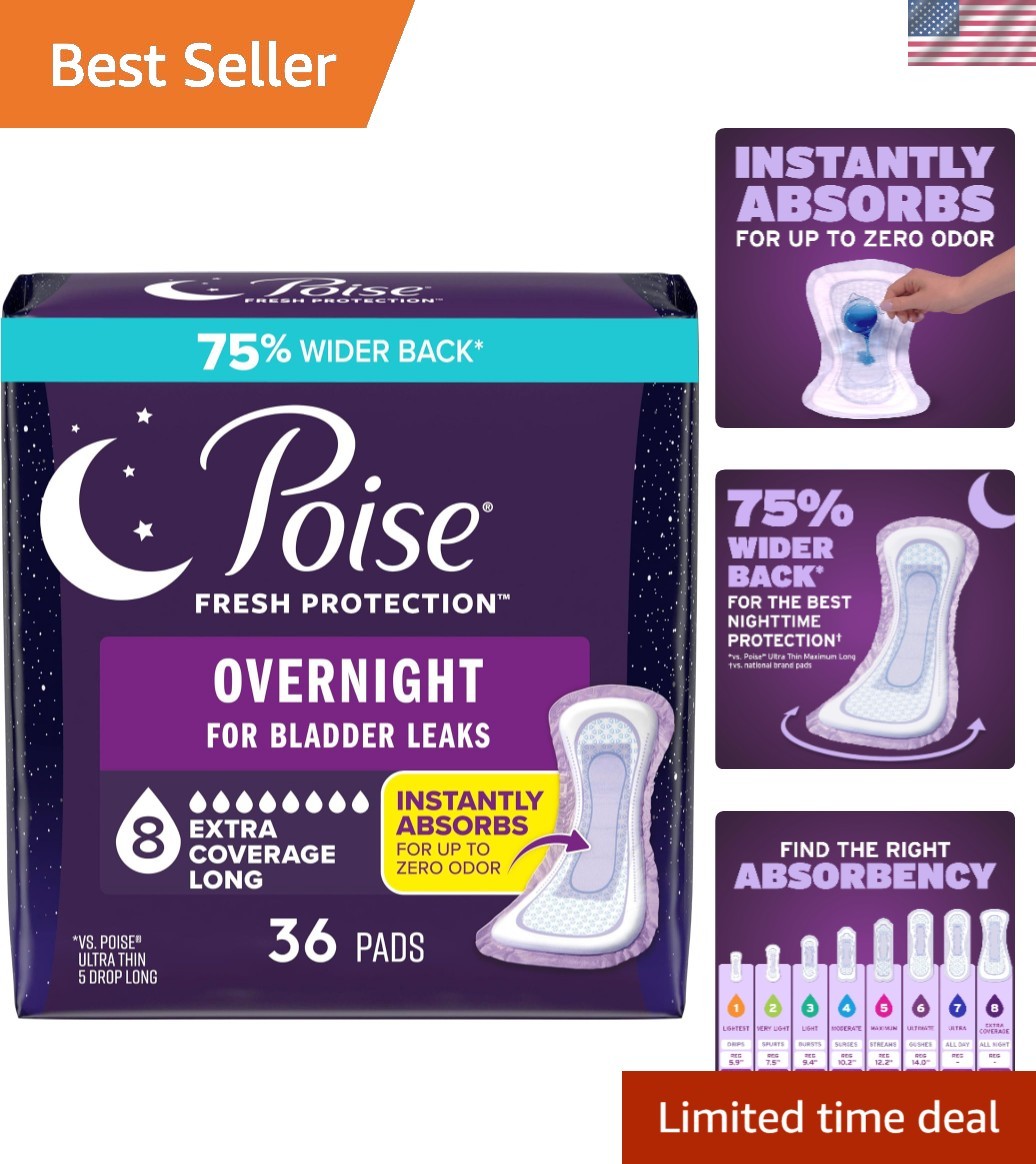 Poise 36 Count Overnight Pads for Bladder Leaks – 8 Drop Protection, Disposable