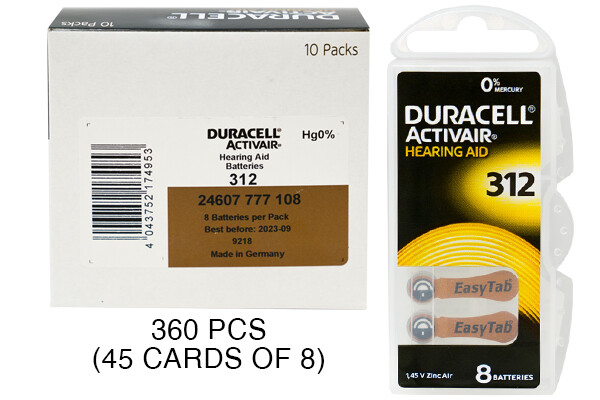 360-pack Size 312 Duracell Easy Tab Hearing Aid Batteries (DA312)