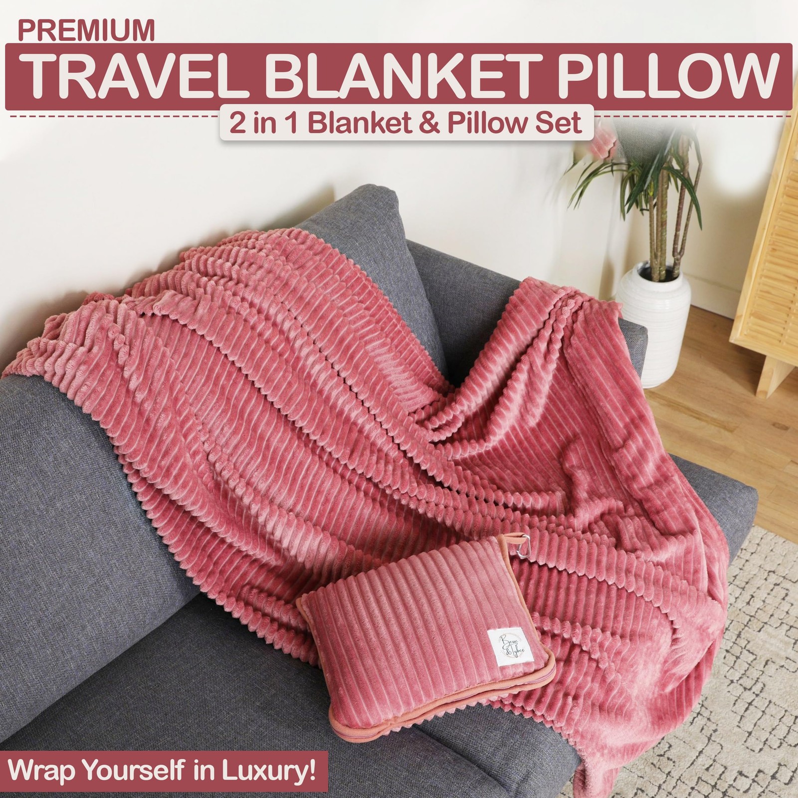 Premium Travel blanket pillow – XL 50″x70″ | 2 in 1 Full XL, Dusty Rose