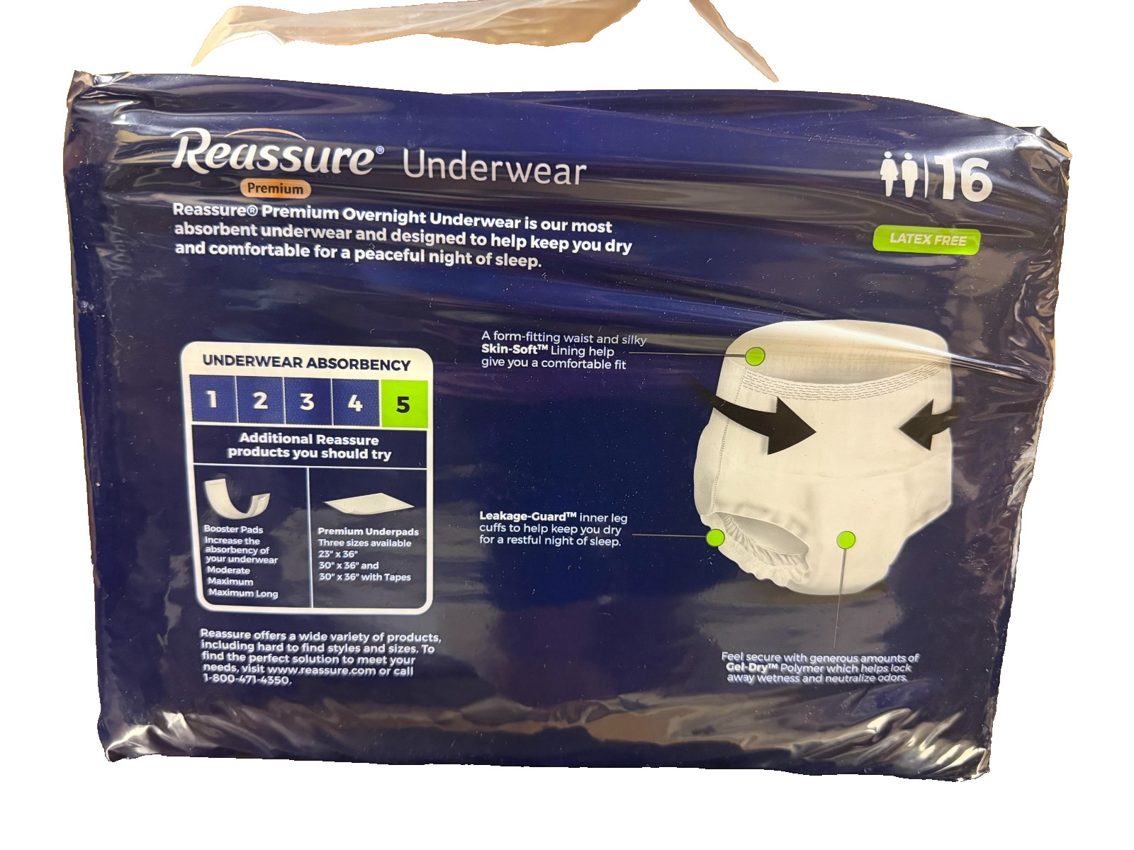 Reassure Unisex Adult Overnight Underwear Size L 36”-50” ~ 4 Packs (16 ea) = 64