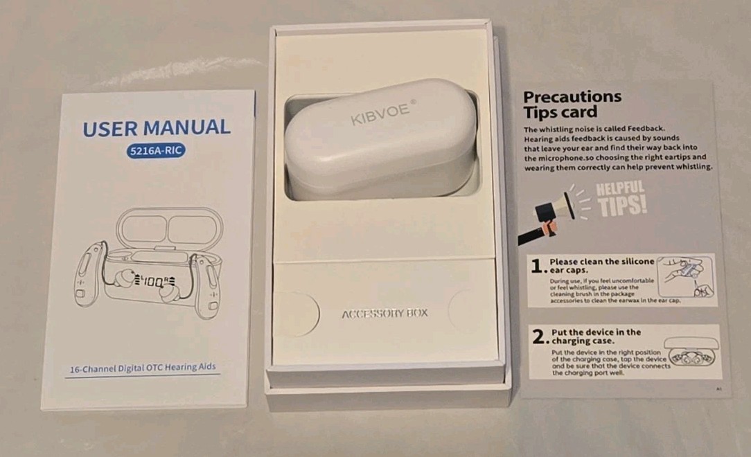 Kibvoe OTC Hearing Aids with Wireless Charging Case Open Box