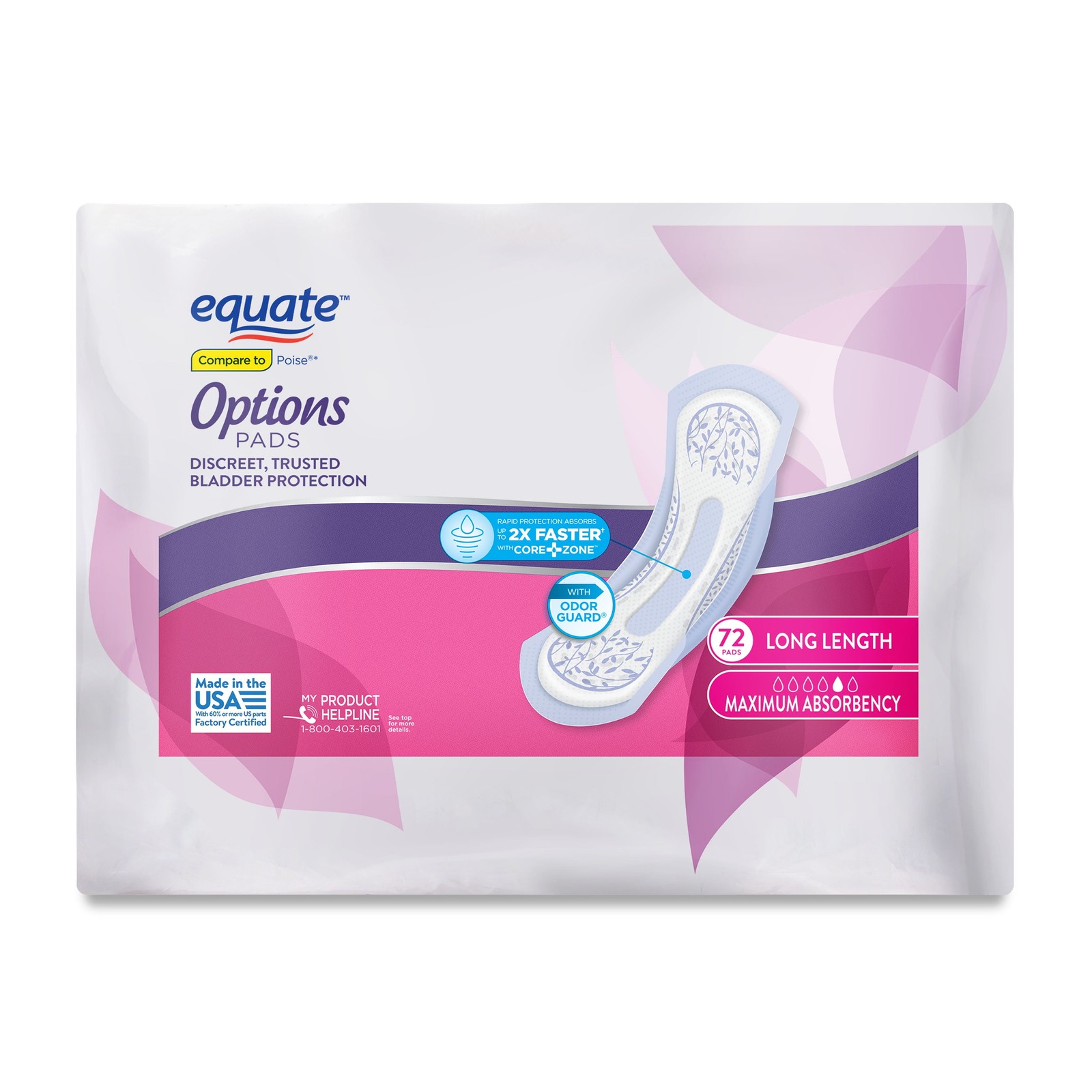 Options Women’s Incontinence Pads, Maximum Absorbency, Long Length (72 Count)