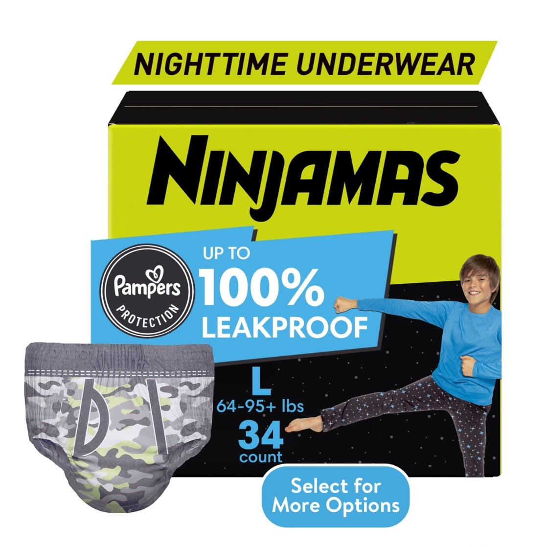 Ninjamas Boys Bedwetting Nighttime Underwear, Size L (64-95+ lbs), 68 Count
