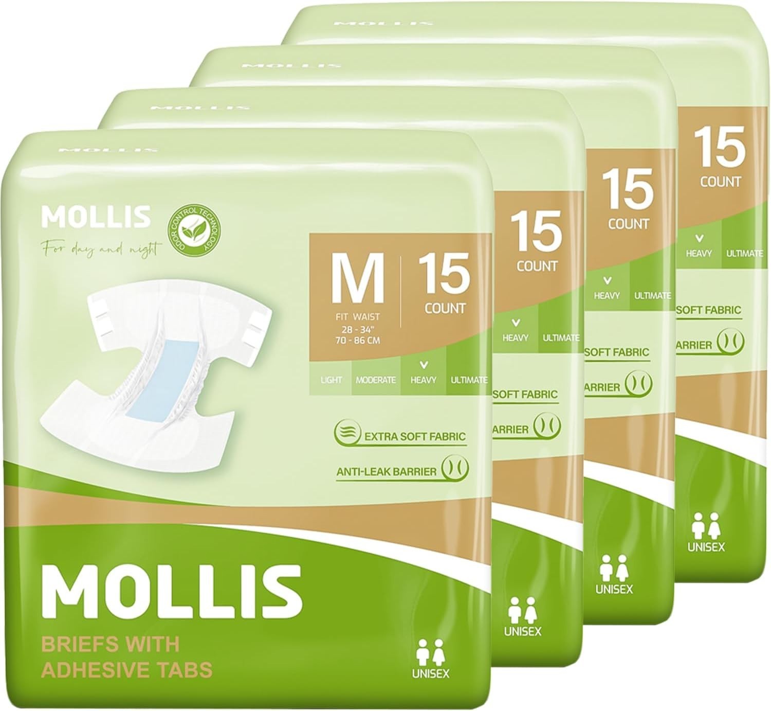 MOLLIS Adult Diapers Unisex Disposable Incontinence Briefs MEDIUM 60 Count